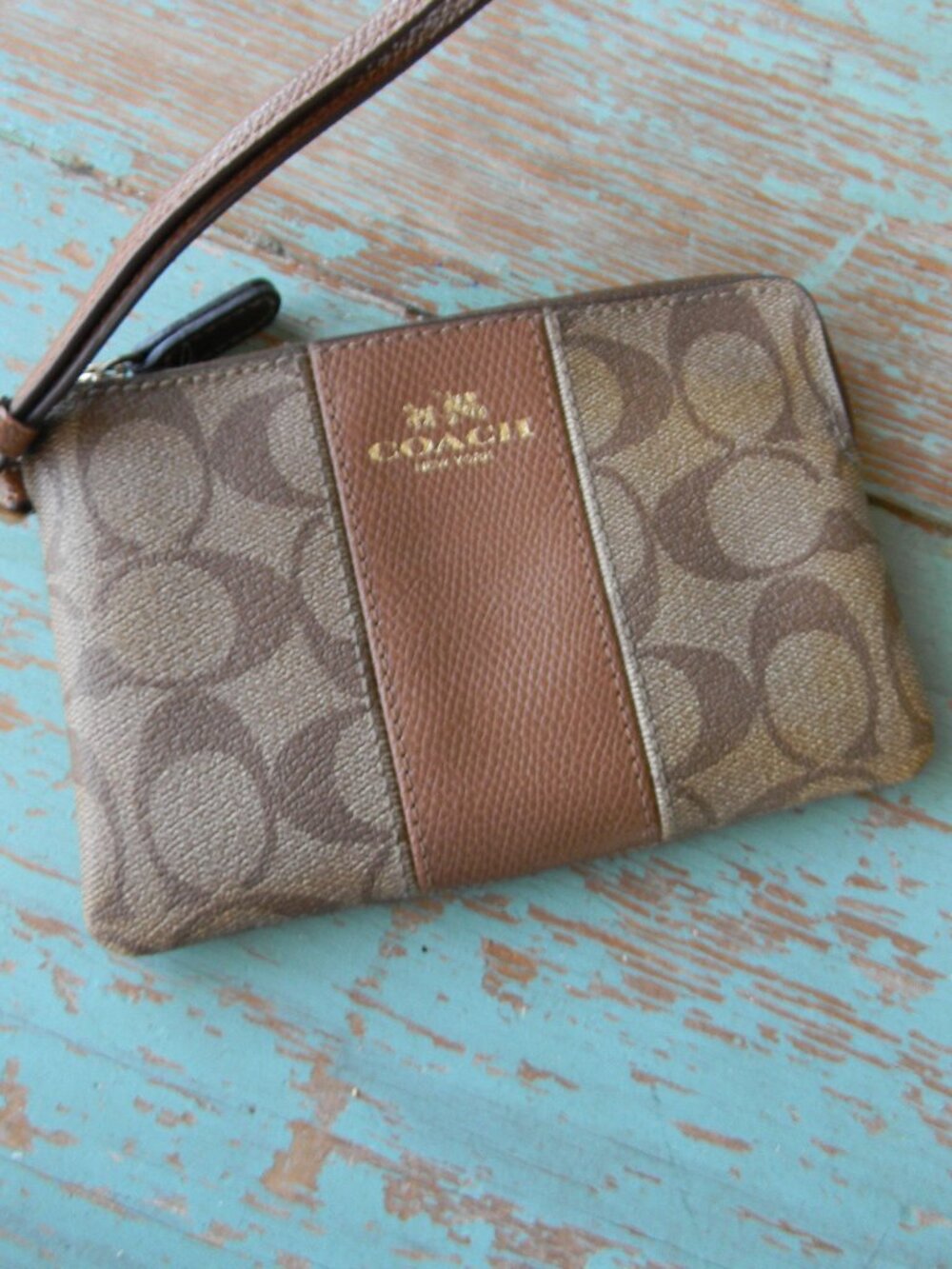Coach Corner Zip Wristlet Signature Canvas Brown Tan CENTER STRIPE LEATHER